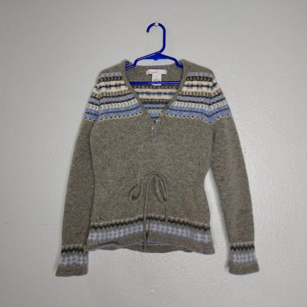 Sarah Spencer Girls Small Gray Blue Fair Isle Tie Waist Lambswool Sweater V-neck